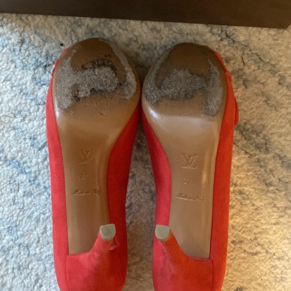 Louis Vuitton Red Suede Peep Toe Heels with Gold Emblem - Picture 6 of 8